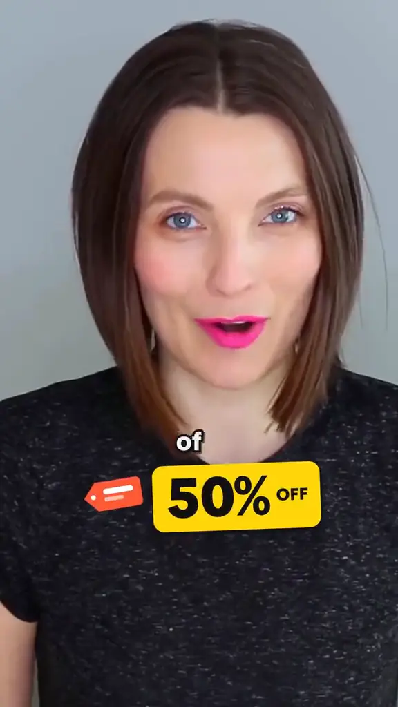 Her edit with a drawn &ldquo;50% OFF&rdquo; card and a price tag under her words