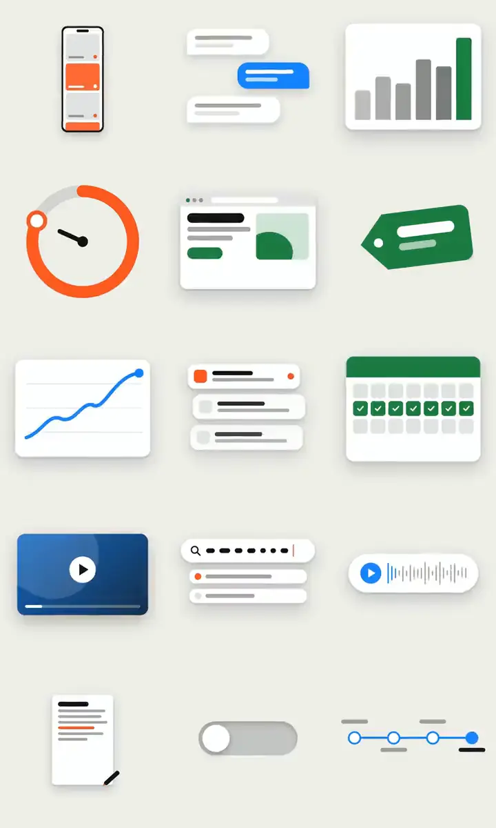 Fifteen drawn graphics moving: a phone feed, a chat, sales bars, a timer ring, a website, a price tag, a trend line, emails, a calendar, a video player, a search box, a voice wave, a script, a switch and steps on a line